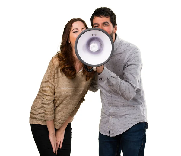 Jovem Casal Segurando Megafone — Fotografia de Stock