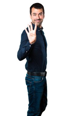 Yakışıklı adam dört izole beyaz zemin üzerine sayma