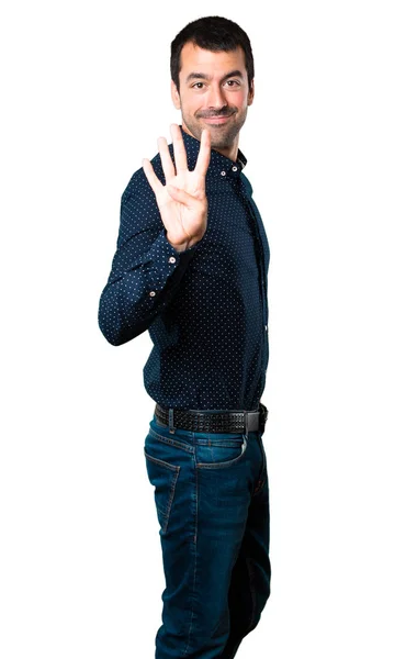 Hombre Guapo Contando Cuatro Sobre Fondo Blanco Aislado — Foto de Stock