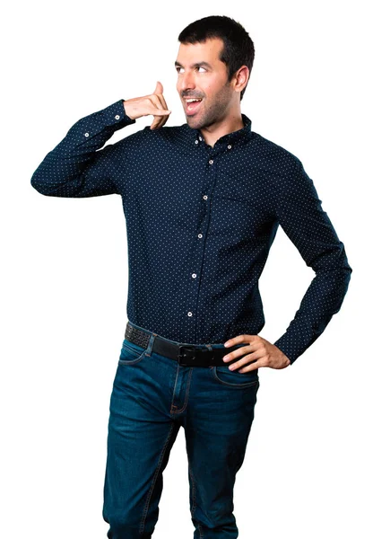 Bonito Homem Fazendo Gesto Telefone Fundo Branco Isolado — Fotografia de Stock