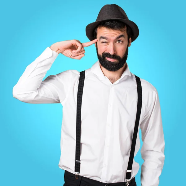 Hipster Man Beard Making Crazy Gesture Colorful Background — Stock Photo, Image