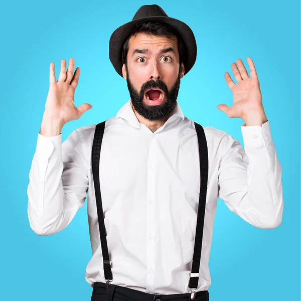 Hombre Hipster Sorprendido Con Barba Sobre Fondo Colorido —  Fotos de Stock