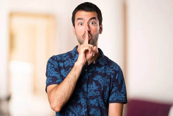 Brunette Man Making Silence Gesture Room — Stock Photo, Image