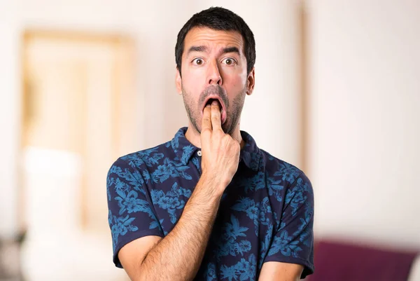 Brunette Man Making Vomiting Gesture Room — Stock Photo, Image