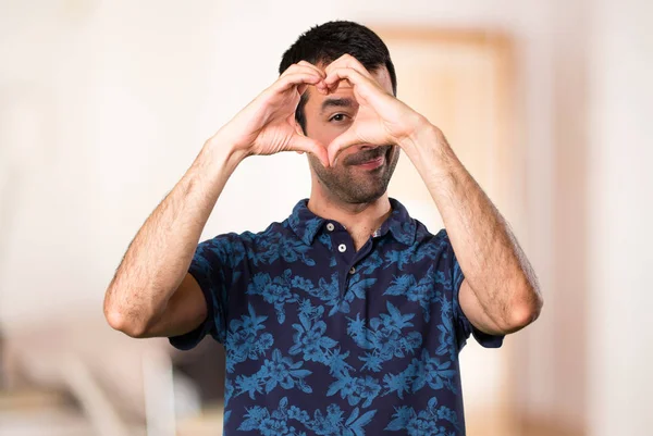 Brunette Man Making Heart His Hands Room — Stock Photo, Image