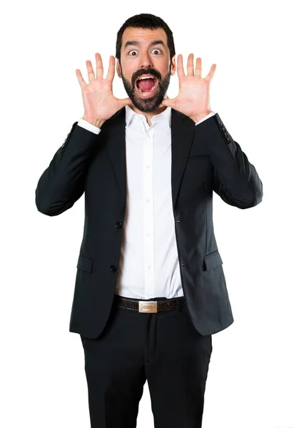 Bonito Homem Negócios Fazendo Gesto Surpresa — Fotografia de Stock