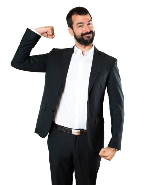 Bonito Homem Negócios Fazendo Gesto Forte — Fotografia de Stock