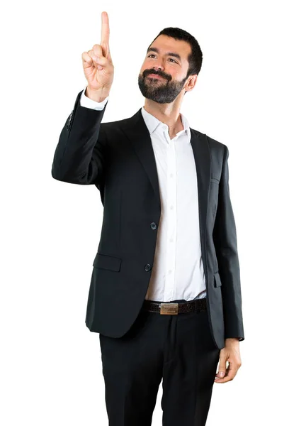 Bonito Empresário Tocando Tela Transparente — Fotografia de Stock