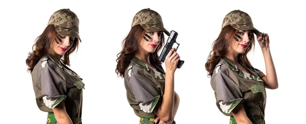 Militära Flicka Håller Pistol — Stockfoto