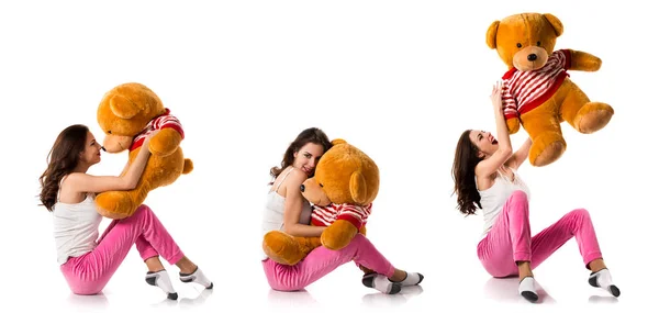 Girl Pajamas Playing Stuffed Animal — Stock Photo, Image