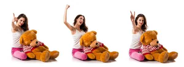 Lucky Girl Pajamas Playing Stuffed Animal — Stock Photo, Image