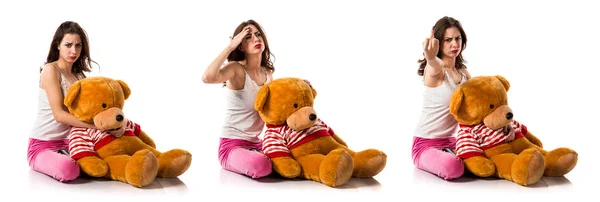 Frustrated Pretty Brunette Girl Pajamas — Stock Photo, Image