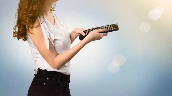 Happy Beautiful Young Girl Television Remote Blue Abstract Background — Stock Photo, Image