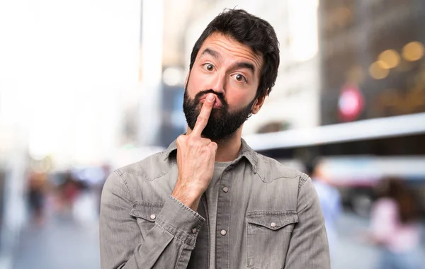 Bel Homme Avec Barbe Faisant Geste Corne Extérieur — Photo