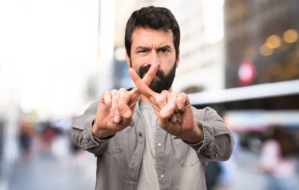 Handsome Man Beard Making Gesture Outdoor — Stock Photo, Image