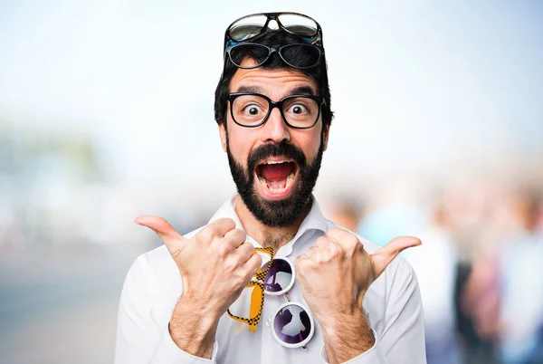 Handsome Man Glasses Thumb Unfocused Background — Stock Photo, Image