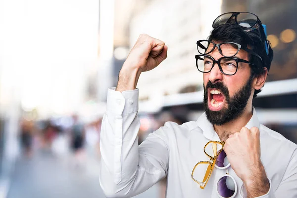 Homem Bonito Sorte Com Óculos Fundo Desfocado — Fotografia de Stock