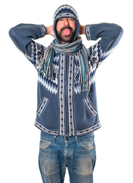 Mann Winterkleidung Macht Einen Witz — Stockfoto
