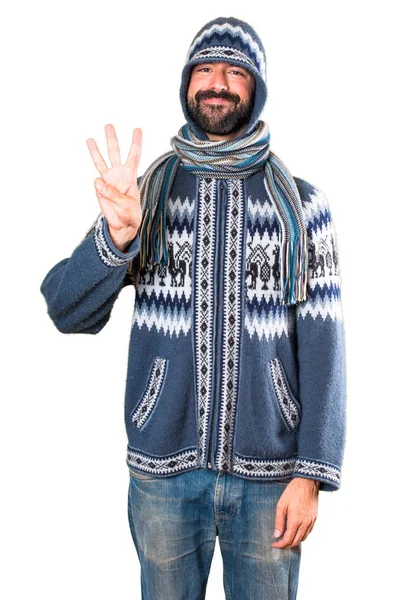 Homme Avec Des Vêtements Hiver Comptant Trois — Photo