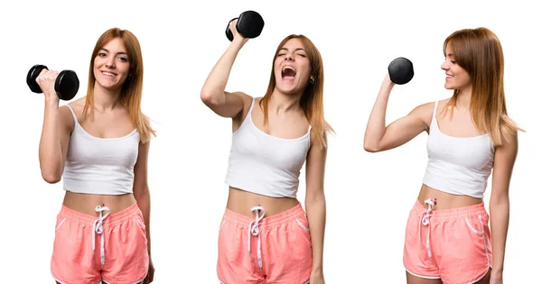 Set Hermosa Mujer Deportiva Con Mancuernas Gritando — Foto de Stock