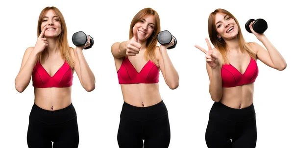 Set Hermosa Mujer Deportiva Con Mancuernas Con Pulgar Hacia Arriba — Foto de Stock