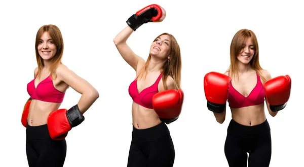 Set Young Sport Woman Boxing Gloves — Stock Photo, Image