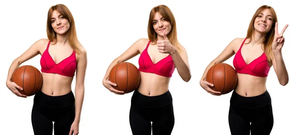 Set Giovane Donna Sportiva Con Pallone Basket — Foto Stock