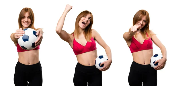 Conjunto Mujer Joven Deportista Sosteniendo Una Pelota Fútbol —  Fotos de Stock