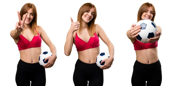 Conjunto Mujer Joven Deportista Sosteniendo Una Pelota Fútbol — Foto de Stock