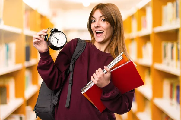 Student Woman Holding Vintage Clock Unfocused Background — Stock Photo, Image