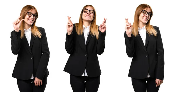 Conjunto Joven Mujer Negocios Con Los Dedos Cruzados —  Fotos de Stock