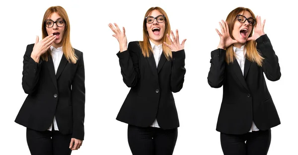 Conjunto Joven Mujer Negocios Haciendo Gesto Sorpresa — Foto de Stock