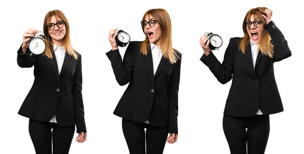 Set Young Business Woman Holding Vintage Clock — Stock Photo, Image