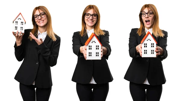 Set Young Business Woman Holding Little House — Stock Photo, Image