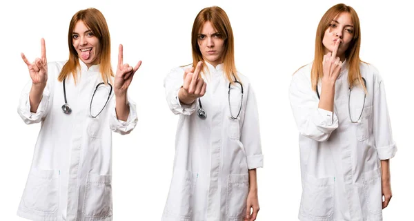 Set Young Doctor Woman Making Horn Gesture — Stock Photo, Image
