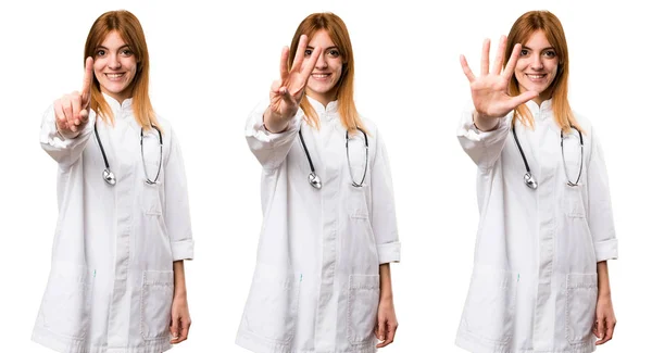 Set Young Doctor Woman Counting One Three Five — Stock Photo, Image