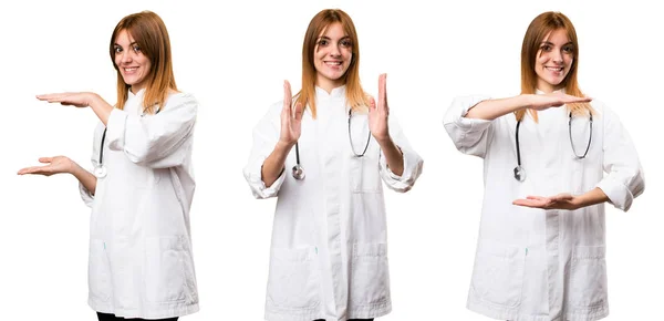 Set Young Doctor Woman Holding Something — Stock Photo, Image