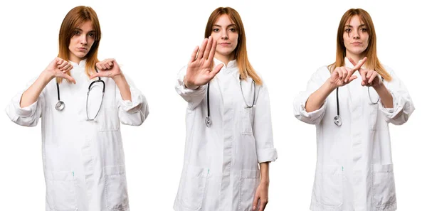 Uppsättning Unga Läkare Kvinna Att Göra Stoppskylt — Stockfoto