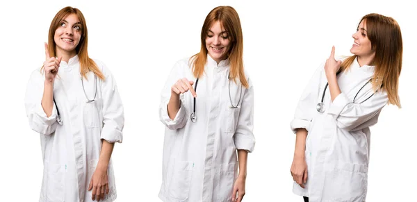 Set Young Doctor Woman Pointing Back — Stock Photo, Image