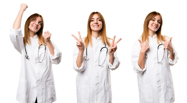 Set Giovane Medico Donna Fare Gesto Vittoria — Foto Stock