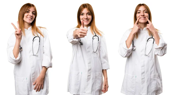 Conjunto Jovem Médico Mulher Com Polegar Para Cima — Fotografia de Stock