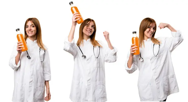 Set Young Doctor Woman Holding Orange Juice — Stock Photo, Image