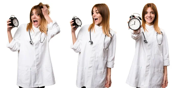 Set Young Doctor Woman Holding Vintage Clock — Stock Photo, Image