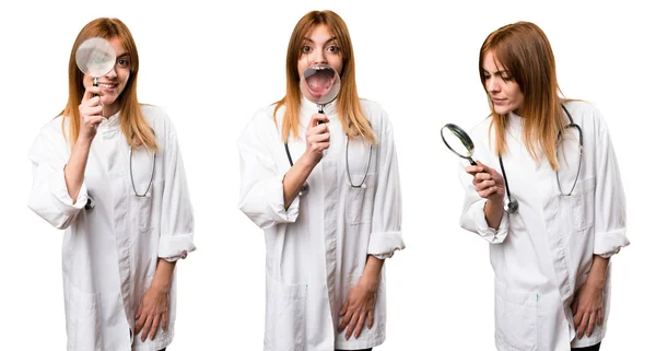 Set Young Doctor Woman Magnifying Glass — Stock Photo, Image