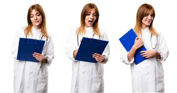 Set Young Doctor Woman Holding Folder — Stock Photo, Image