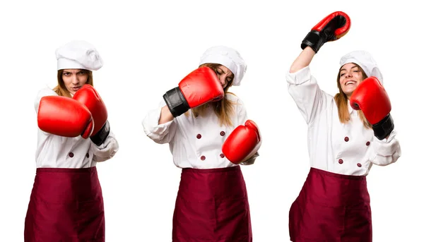 Set Hermosa Chef Mujer Con Guantes Boxeo —  Fotos de Stock