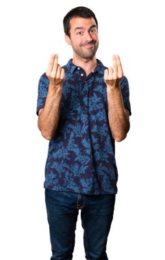 Esmer adam yapma para hareketi beyaz arka plan üzerinde