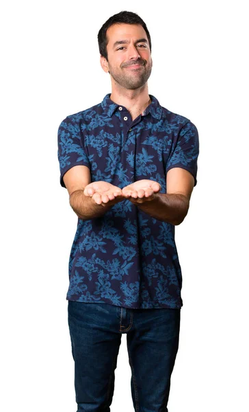 Brunette Man Holding Something White Background — Stock Photo, Image