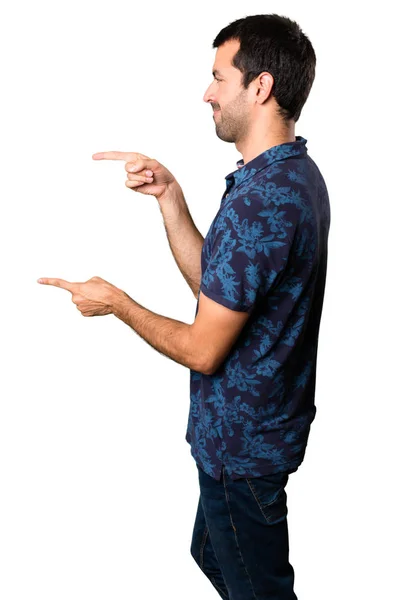 Brunette Man Pointing Lateral White Background — Stock Photo, Image