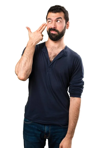 Homem Bonito Com Barba Fazendo Gesto Suicídio — Fotografia de Stock